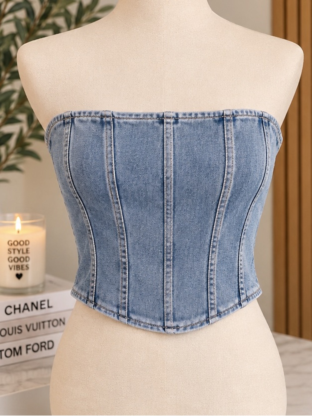Denim Strapless Corset Top - Blue